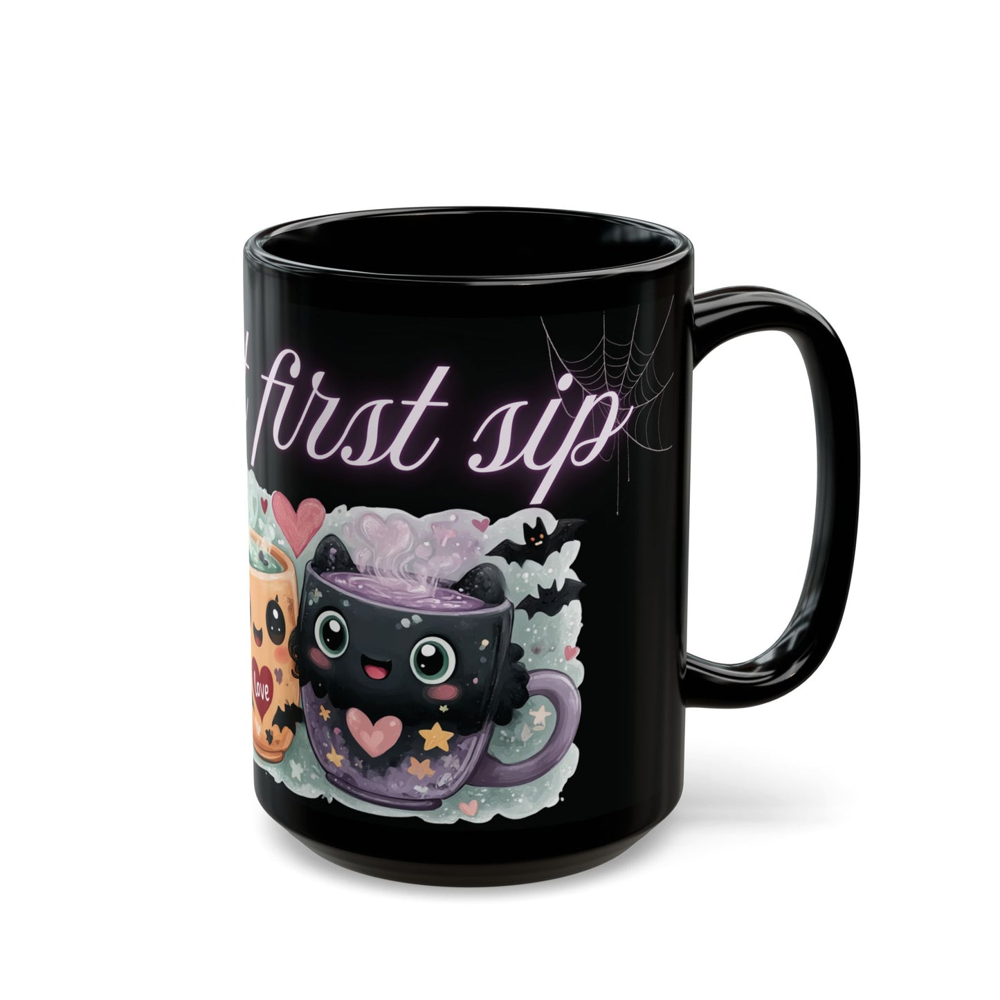 Whimsical Bat Mug, Love at First Sip Coffee Cup, Halloween Gift, Gothic Home Decor, Spooky Tea Mug, Unique Mugs Cute Bat Design - Black