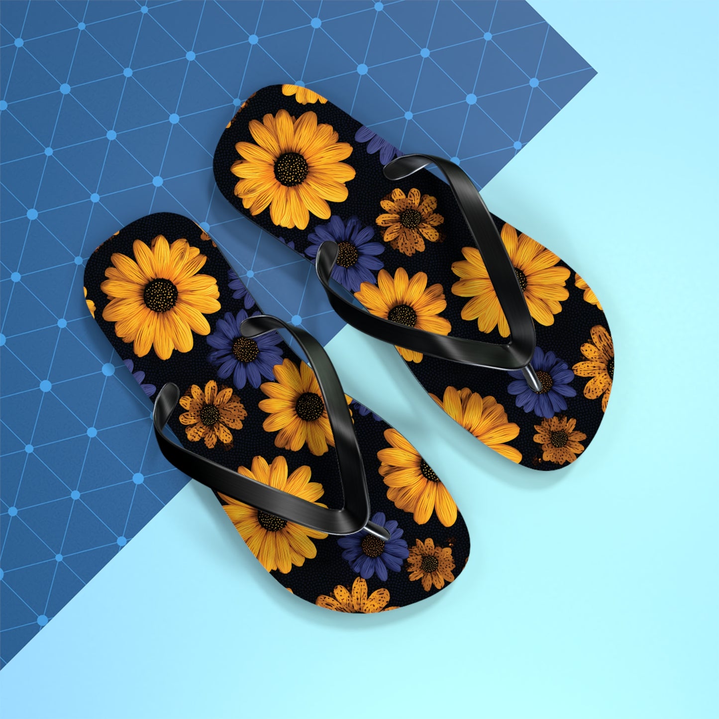 Flip Flops - Daisy Flower Seamless Pattern Retro 90s Vibe Yellow Navy Blue Black