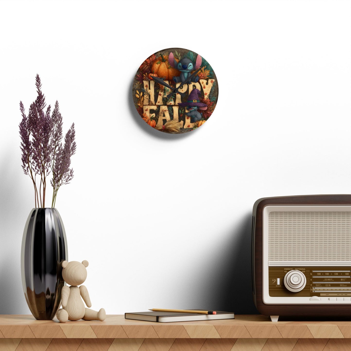 Fall-Themed Acrylic Wall Clock, Happy Fall Decor, Seasonal Home Accessory, Autumn Wall Art, Harvest Time Clock Printify