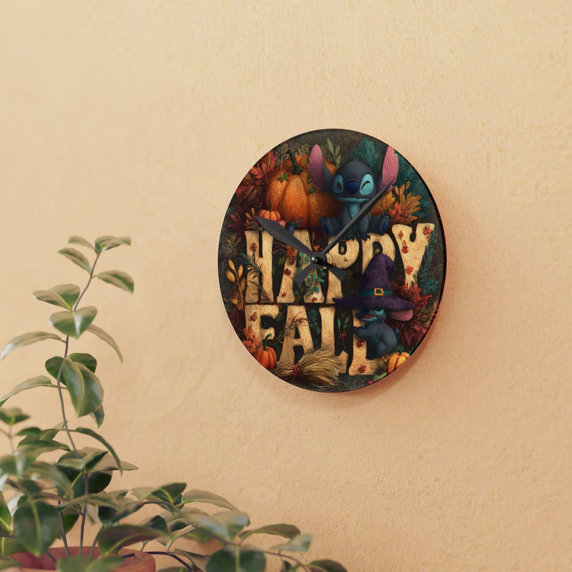 Fall-Themed Acrylic Wall Clock, Happy Fall Decor, Seasonal Home Accessory, Autumn Wall Art, Harvest Time Clock Printify