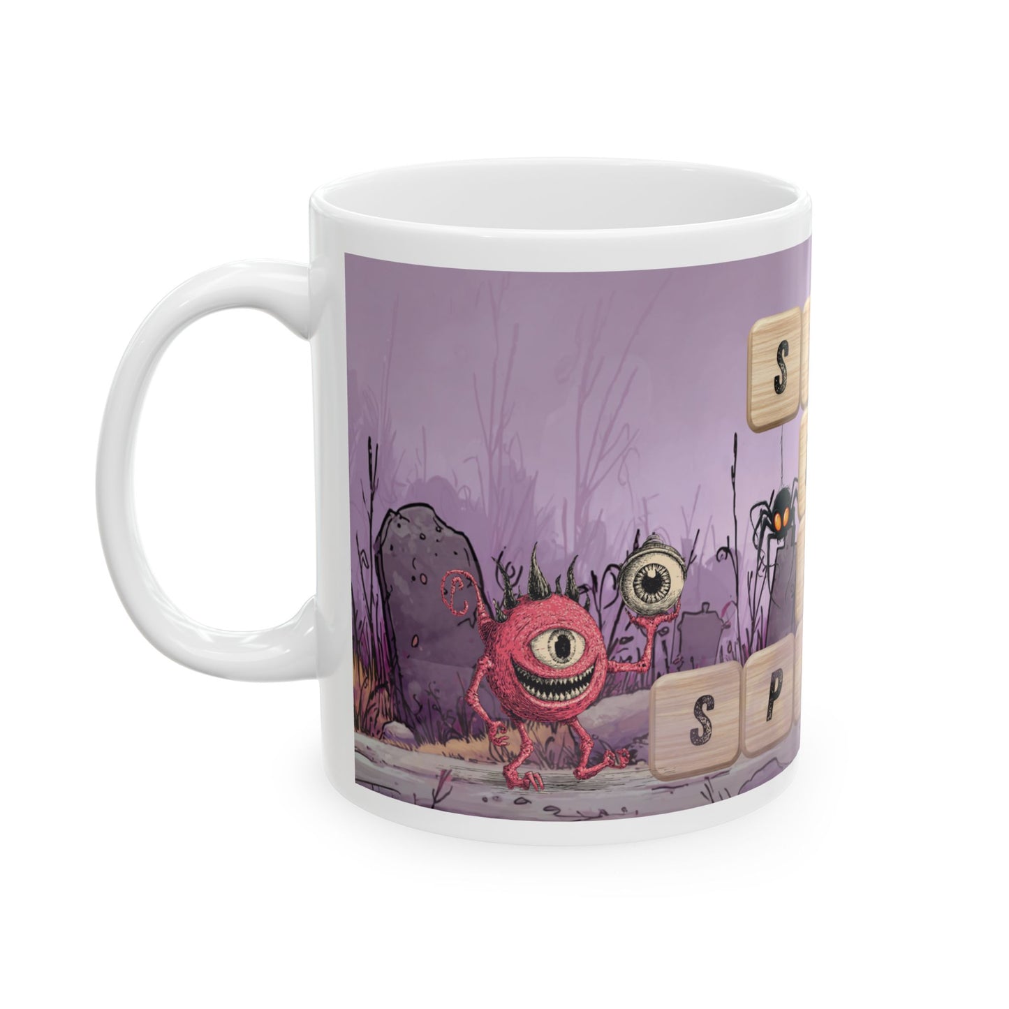 Sip Into Spooky Halloween Mug, Funny Scrabble Tile Coffee Cup, Cute Monster Design, Fall Gift for Coffee Lovers, Dishwasher Safe