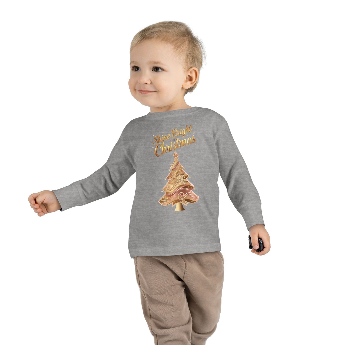 Toddler Long Sleeve Tee, "Shine Bright Christmas" Shirt for Kids, Holiday Outfit, Christmas Gift, Festive Clothing, Cute Toddler Apparel