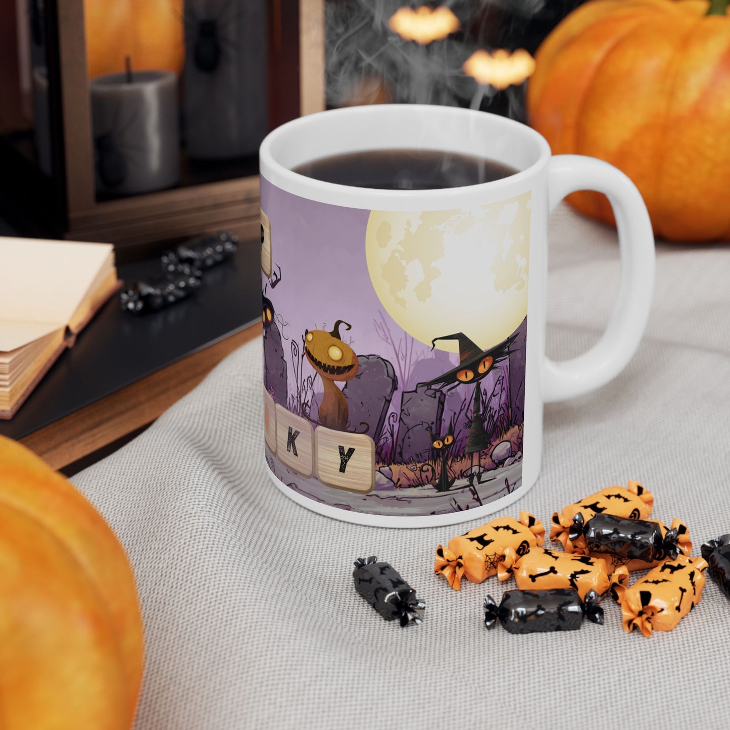 Sip Into Spooky Halloween Mug, Funny Scrabble Tile Coffee Cup, Cute Monster Design, Fall Gift for Coffee Lovers, Dishwasher Safe