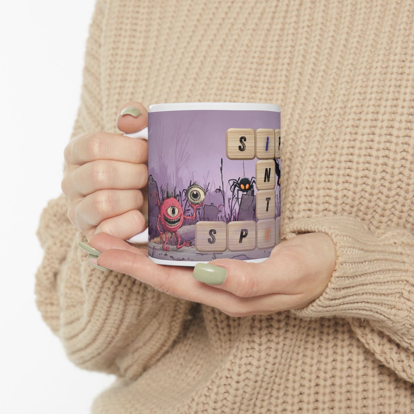 Sip Into Spooky Halloween Mug, Funny Scrabble Tile Coffee Cup, Cute Monster Design, Fall Gift for Coffee Lovers, Dishwasher Safe
