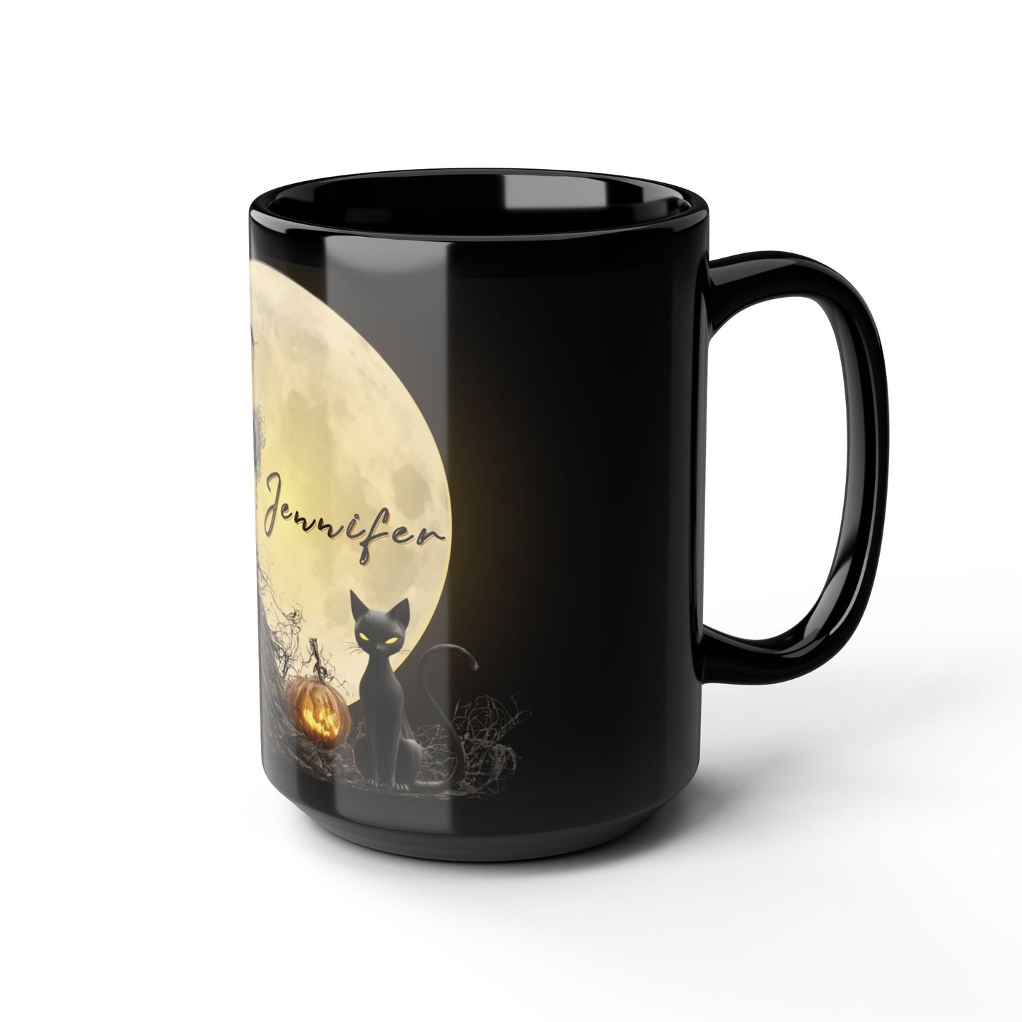Personalized Halloween Witch Mug with Black Cat & Moon – Custom Name – 11oz / 15oz Black Glossy Ceramic Coffee Cup