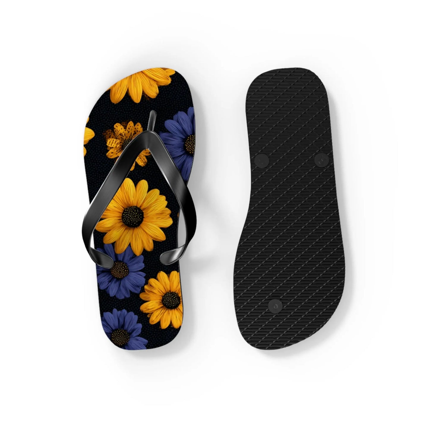 Flip Flops - Daisy Flower Seamless Pattern Retro 90s Vibe Yellow Navy Blue Black Printify
