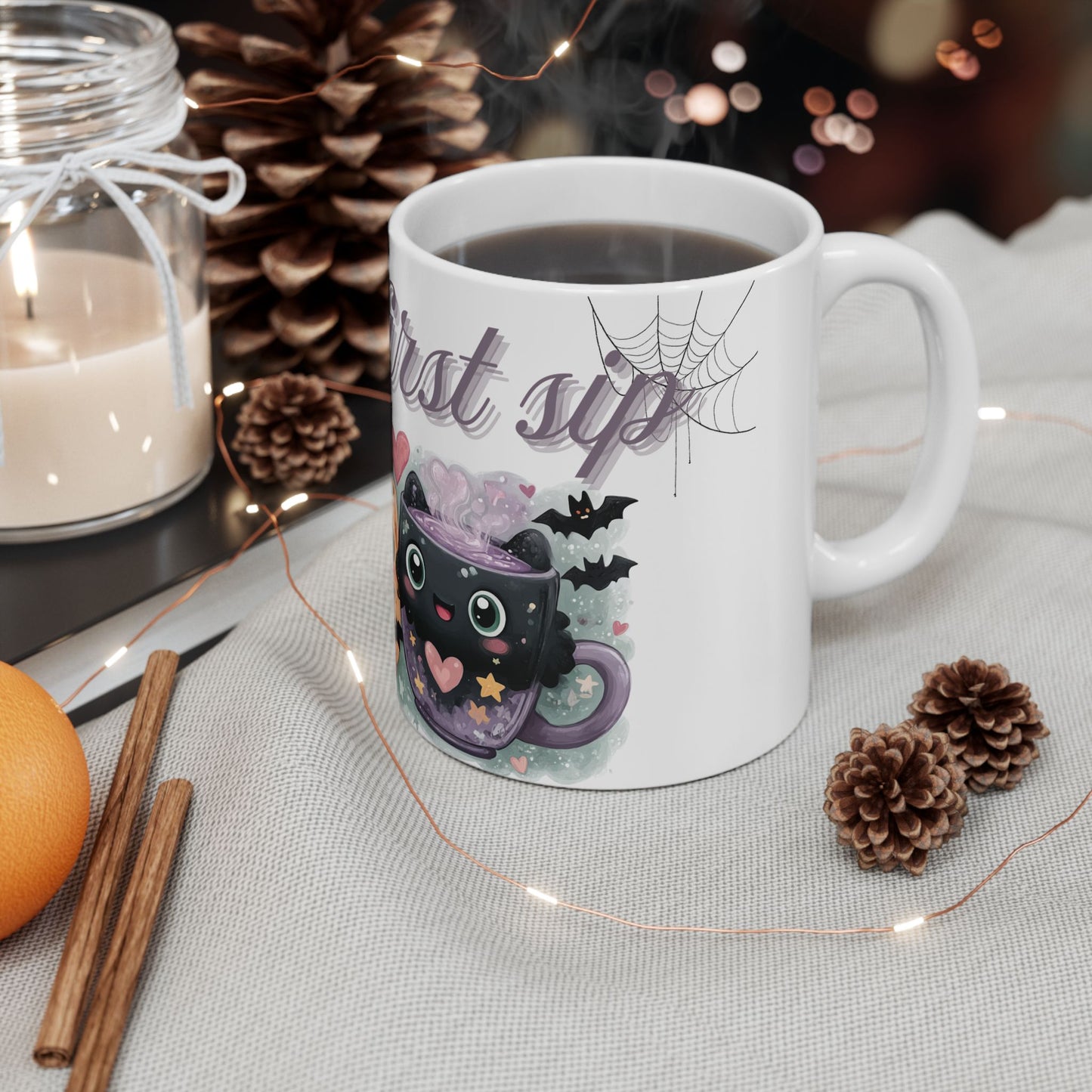 Whimsical Bat Ceramic Mug, Love at First Sip Kawaii Style Coffee Cup, 11oz, 15oz - Halloween Gift, Animal Lover, Cute Kitchen Decor, Vampire