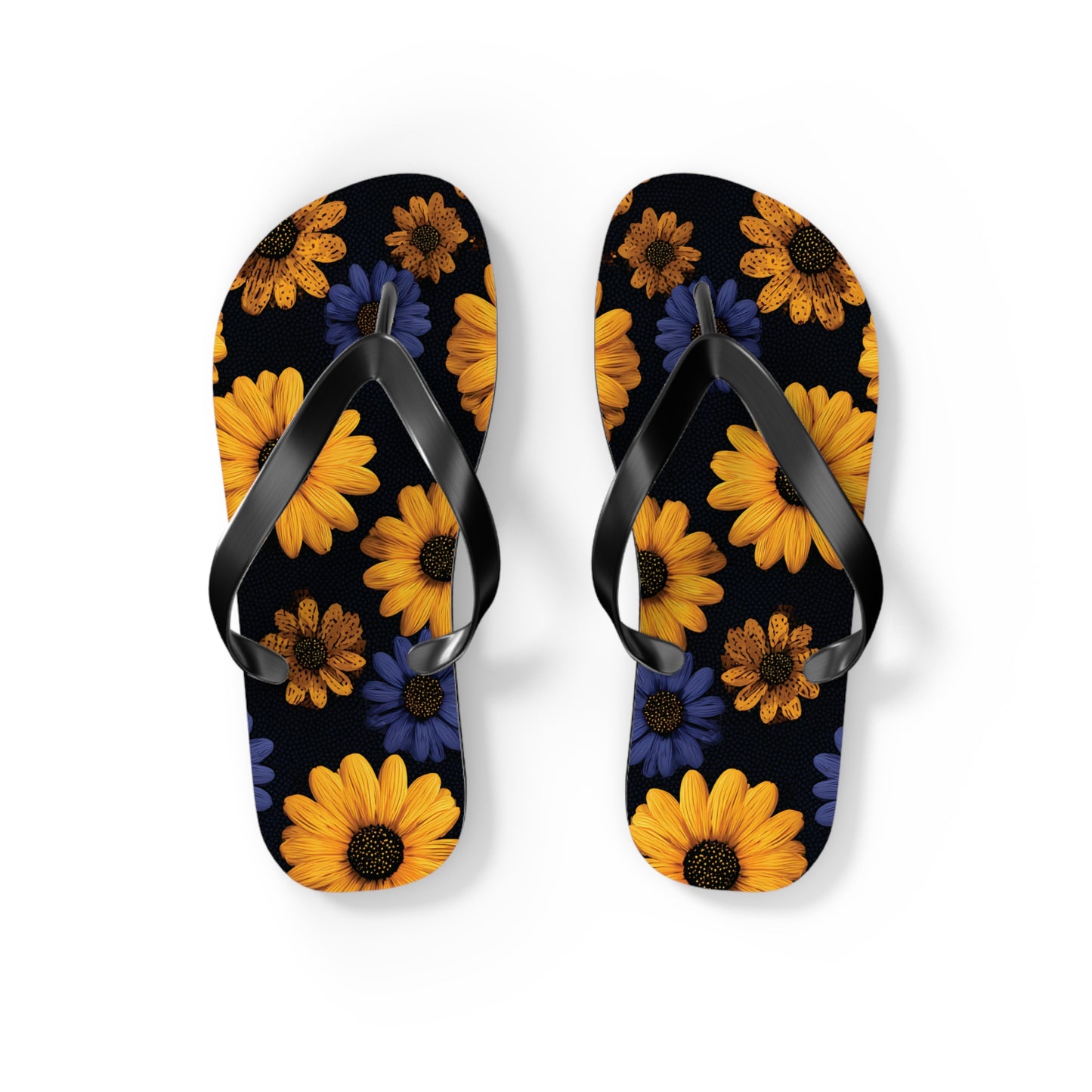 Flip Flops - Daisy Flower Seamless Pattern Retro 90s Vibe Yellow Navy Blue Black