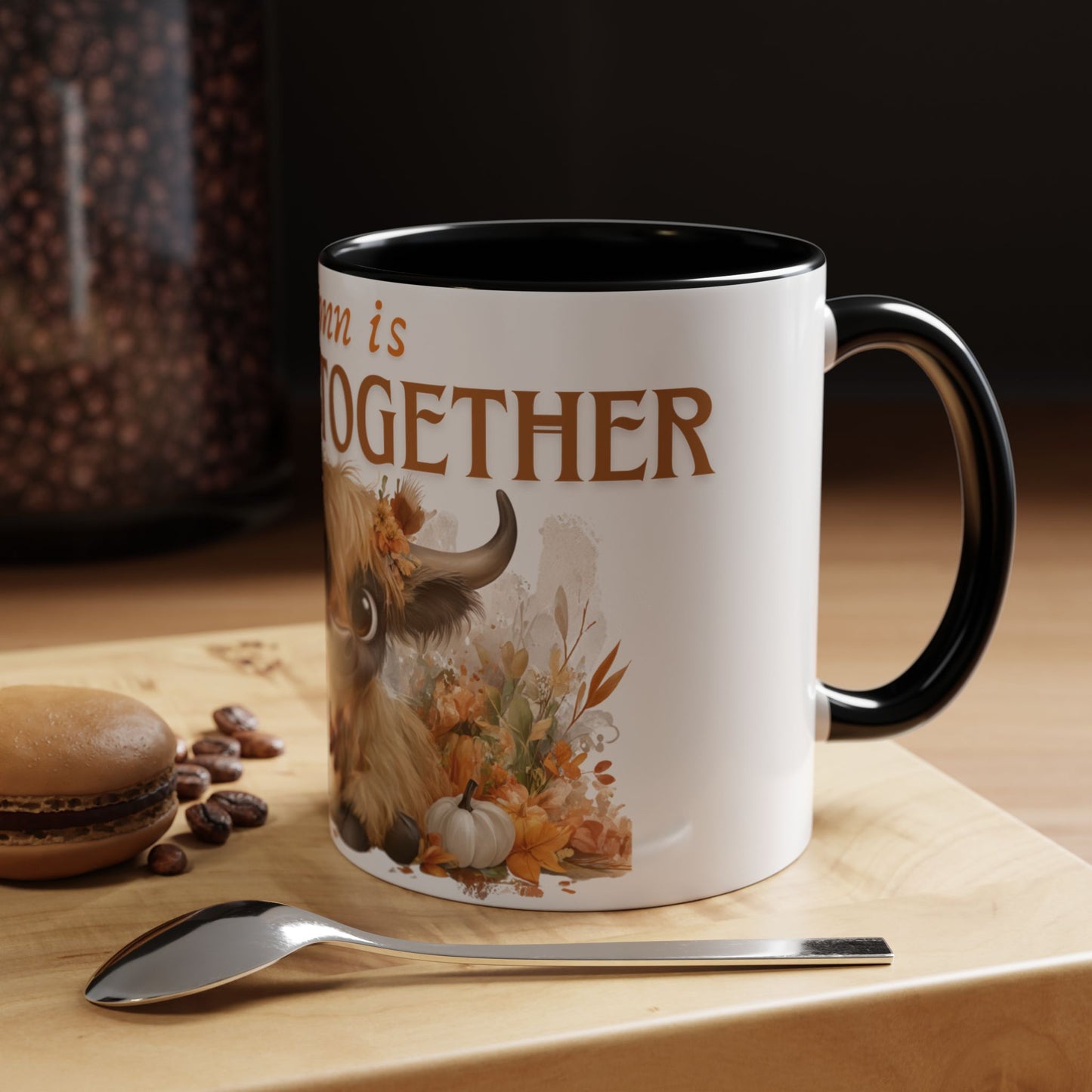 Autumn is Better Together Highland Cow Accent Coffee Mug Fall Mama and Baby Cow Cup White Ceramic with Color Handles 11oz or 15oz