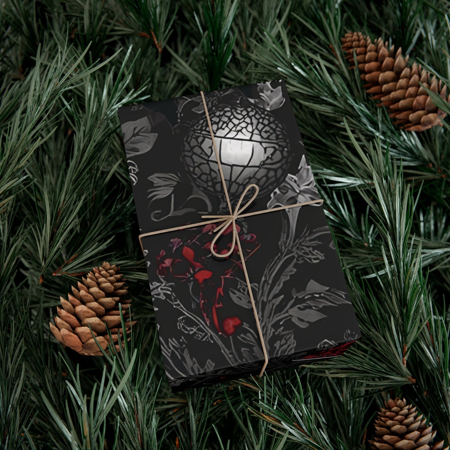 Elegant Victorian Gothic Christmas Wrapping Paper – Dark Holiday Gift Wrap with Red Bows & Snowflakes