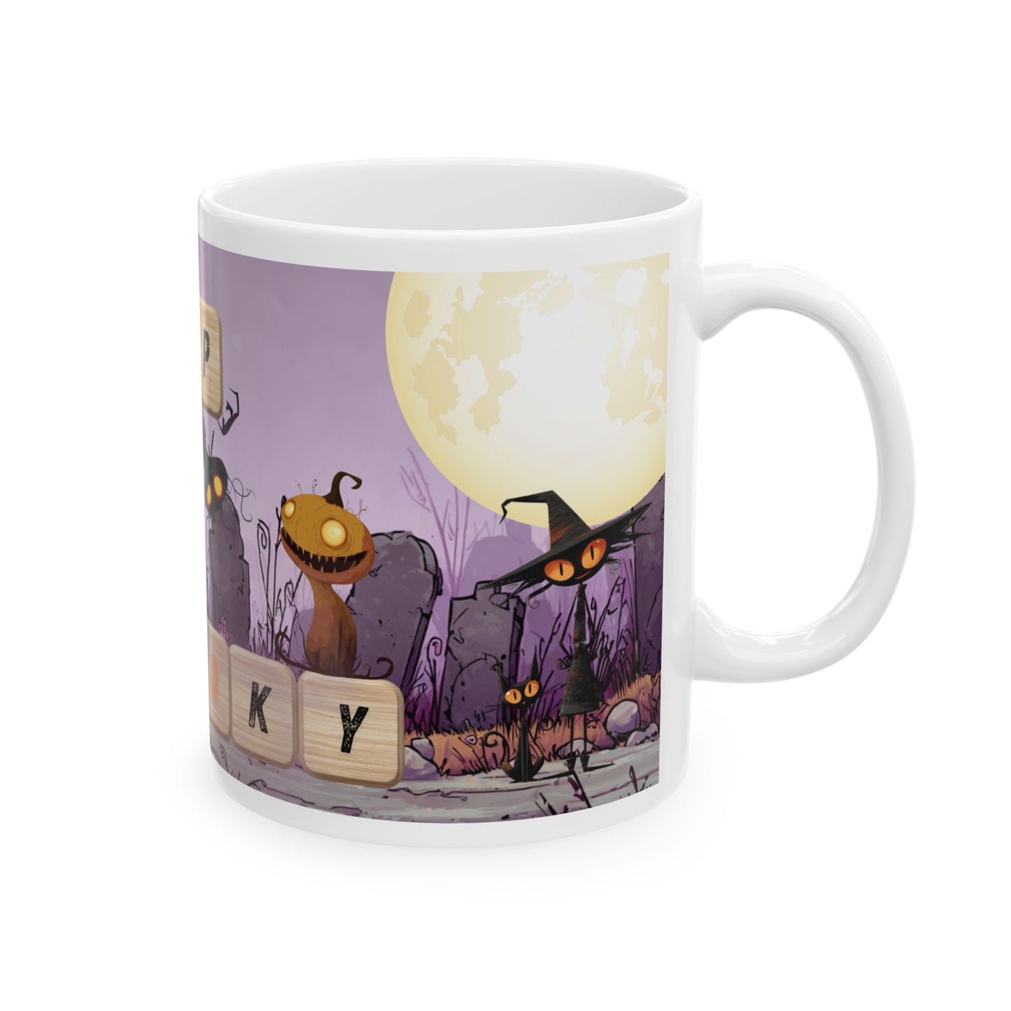 Sip Into Spooky Halloween Mug, Funny Scrabble Tile Coffee Cup, Cute Monster Design, Fall Gift for Coffee Lovers, Dishwasher Safe