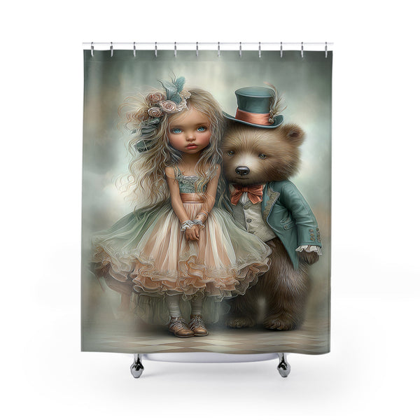 Whimsical Shower Curtain featuring Vintage Doll and Bear, Kids Bathroom Decor, Cute Home Accessory, Child-friendly Shower Curtain - A Lid for Every Pot ~ Everyday Designz ~