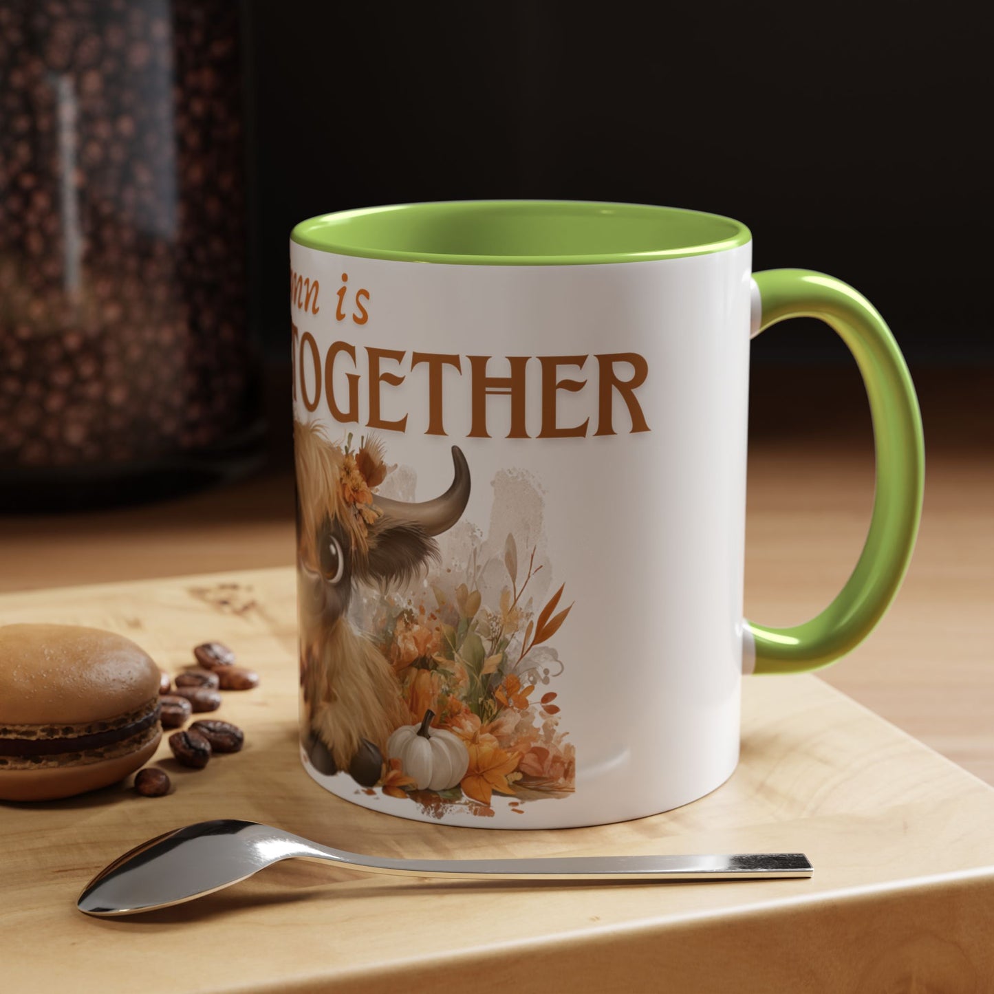 Autumn is Better Together Highland Cow Accent Coffee Mug Fall Mama and Baby Cow Cup White Ceramic with Color Handles 11oz or 15oz
