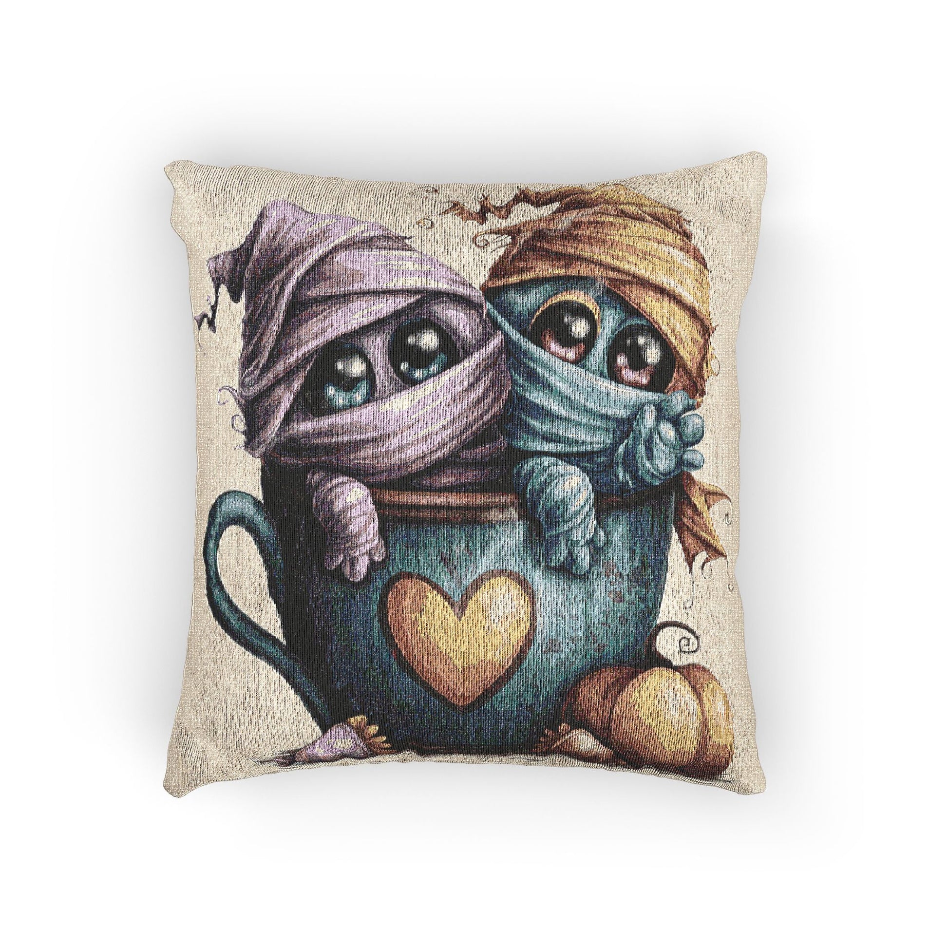 Woven Pillow with Cute Mug Mummy Design, Cozy Home Decor, Gift for Halloween, Unique Throw Cushion, Fun Accent Pillow Printify