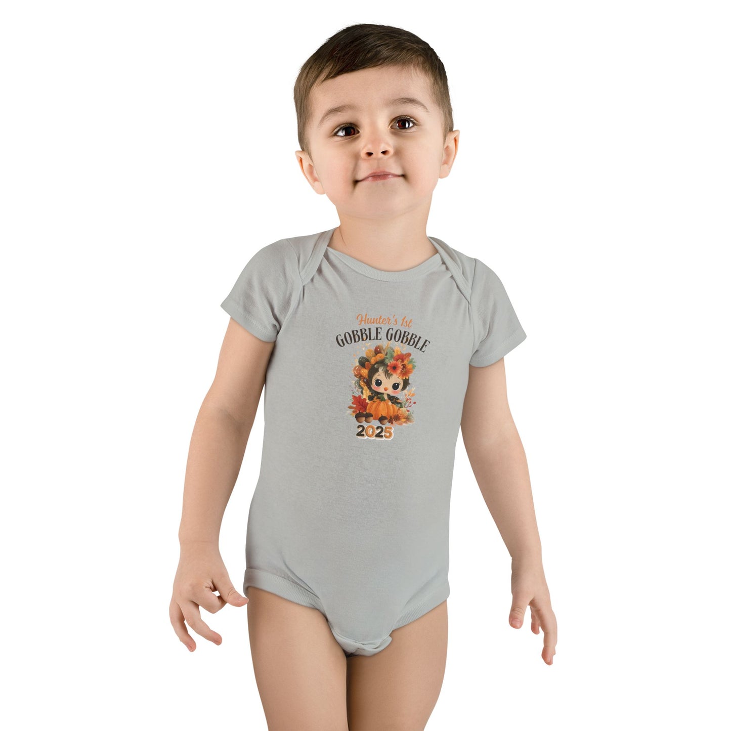 Personalized Baby Thanksgiving Onesie 1st Gobble Gobble Turkey Outfit Custom Name and Year Holiday Baby Bodysuit White Grey Blue Pink
