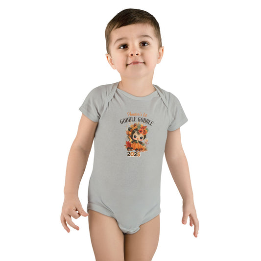 Personalized Baby Thanksgiving Onesie 1st Gobble Gobble Turkey Outfit Custom Name and Year Holiday Baby Bodysuit White Grey Blue Pink
