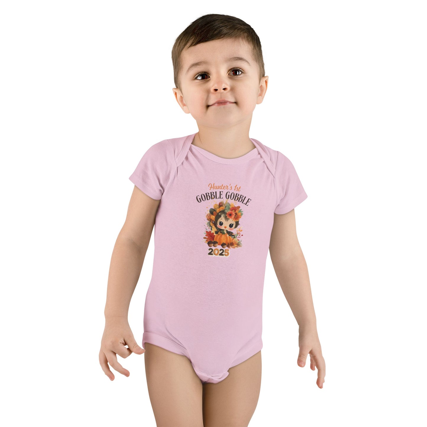 Personalized Baby Thanksgiving Onesie 1st Gobble Gobble Turkey Outfit Custom Name and Year Holiday Baby Bodysuit White Grey Blue Pink