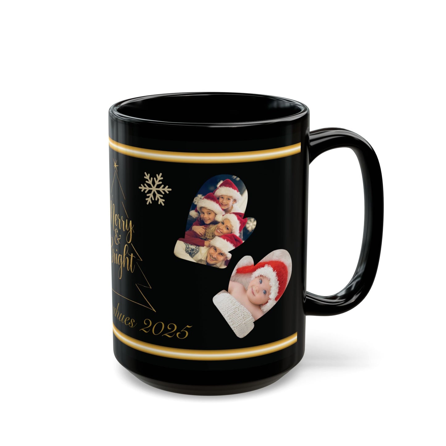 Custom Family Name Christmas Photo Mug – Personalized Holiday Pictures, Add Name & Year, Merry & Bright Gold Wrap, 11oz & 15oz Black Ceramic