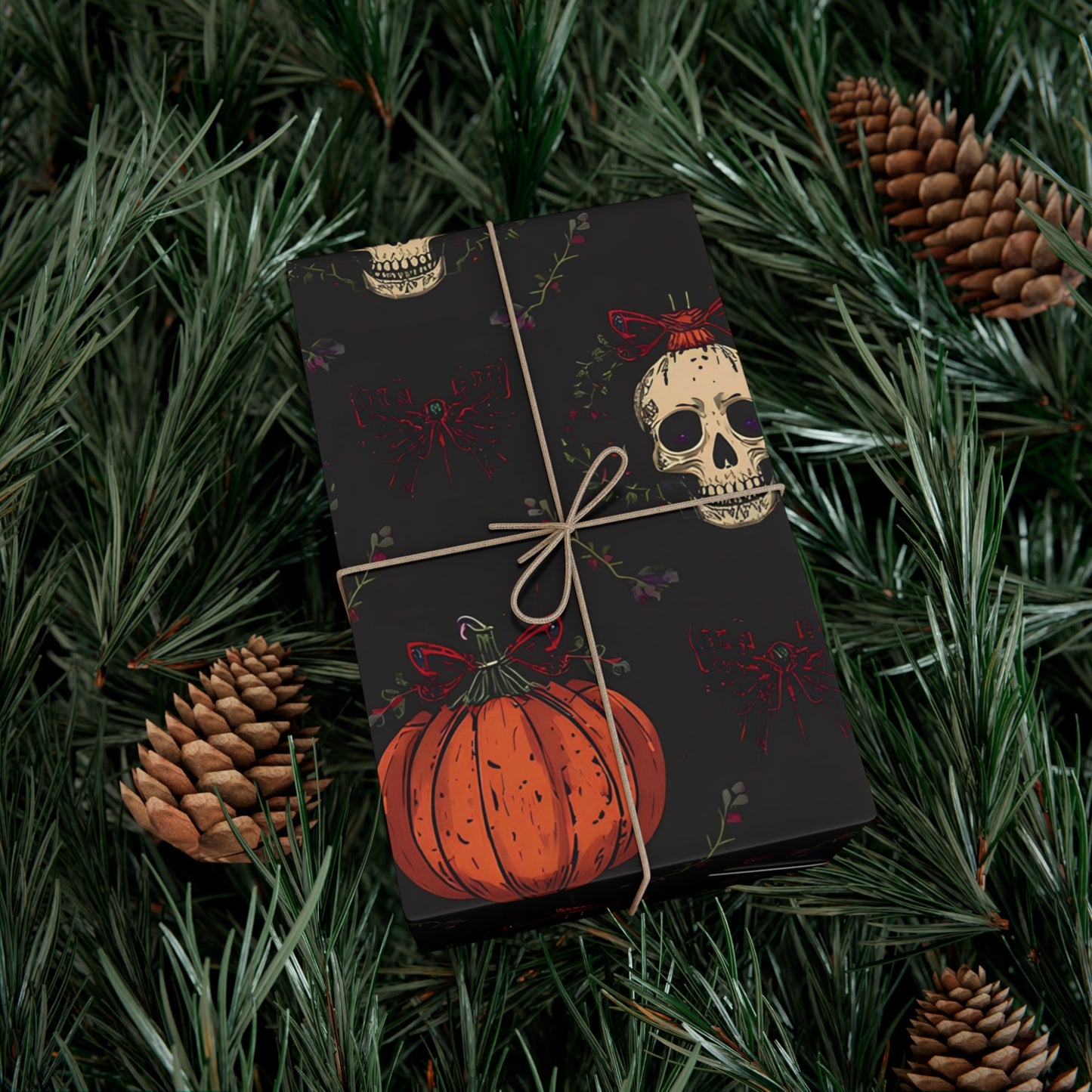 Hollyween Christmas Wrapping Paper – Gothic Holiday Gift Wrap with Skulls, Pumpkins & Bows