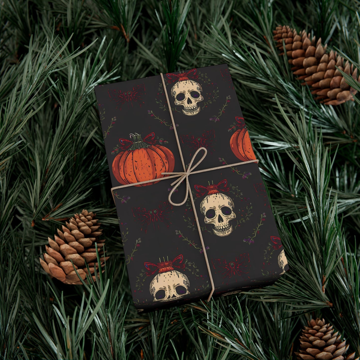 Hollyween Christmas Wrapping Paper – Gothic Holiday Gift Wrap with Skulls, Pumpkins & Bows