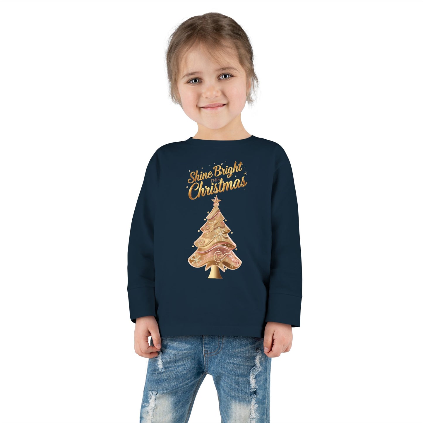 Toddler Long Sleeve Tee, "Shine Bright Christmas" Shirt for Kids, Holiday Outfit, Christmas Gift, Festive Clothing, Cute Toddler Apparel