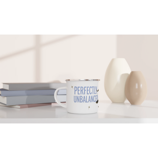 Zodiac Libra - Perfectly Unbalanced  -Blue Lettering - White 12oz Enamel Mug | Unique Everyday Designz Home, Gifts & Apparel A Lid for Every Pot ~Everyday Designz~