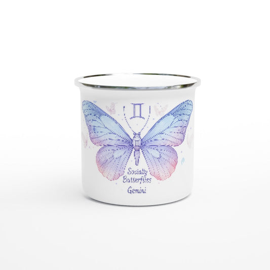 Zodiac Gemini  - Socially Butterflies - White 12oz Enamel Mug | Unique Everyday Designz Home, Gifts & Apparel A Lid for Every Pot ~Everyday Designz~