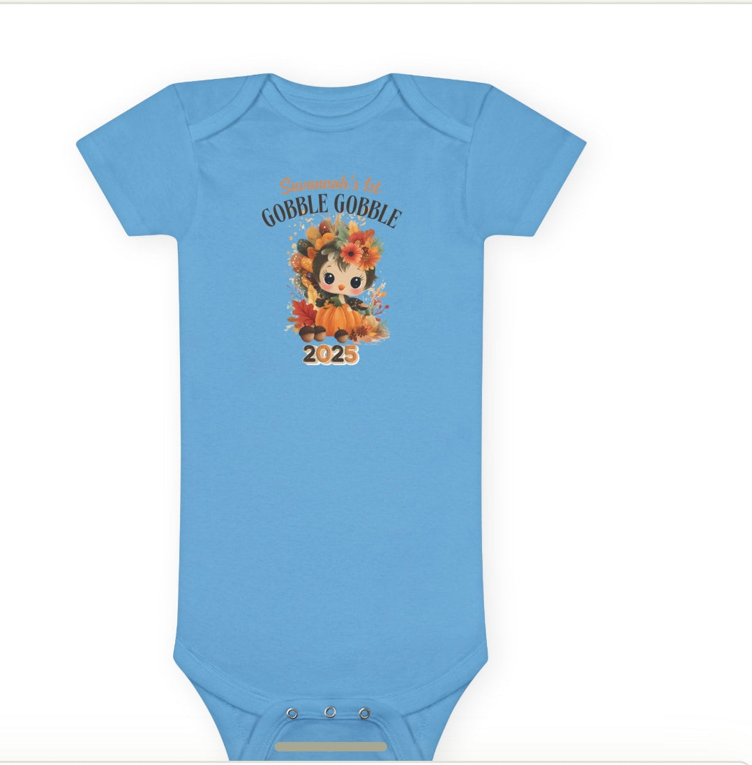 Personalized Baby Thanksgiving Onesie 1st Gobble Gobble Turkey Outfit Custom Name and Year Holiday Baby Bodysuit White Grey Blue Pink