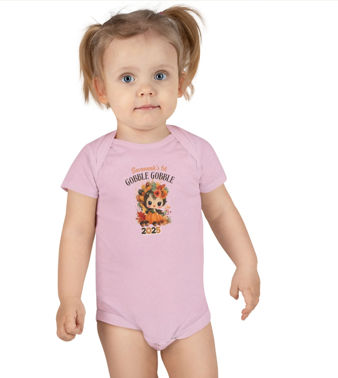 Personalized Baby Thanksgiving Onesie 1st Gobble Gobble Turkey Outfit Custom Name and Year Holiday Baby Bodysuit White Grey Blue Pink