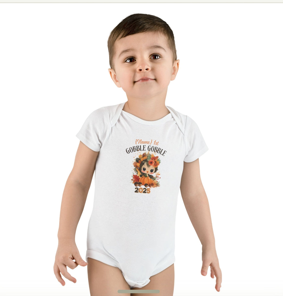 Personalized Baby Thanksgiving Onesie 1st Gobble Gobble Turkey Outfit Custom Name and Year Holiday Baby Bodysuit White Grey Blue Pink