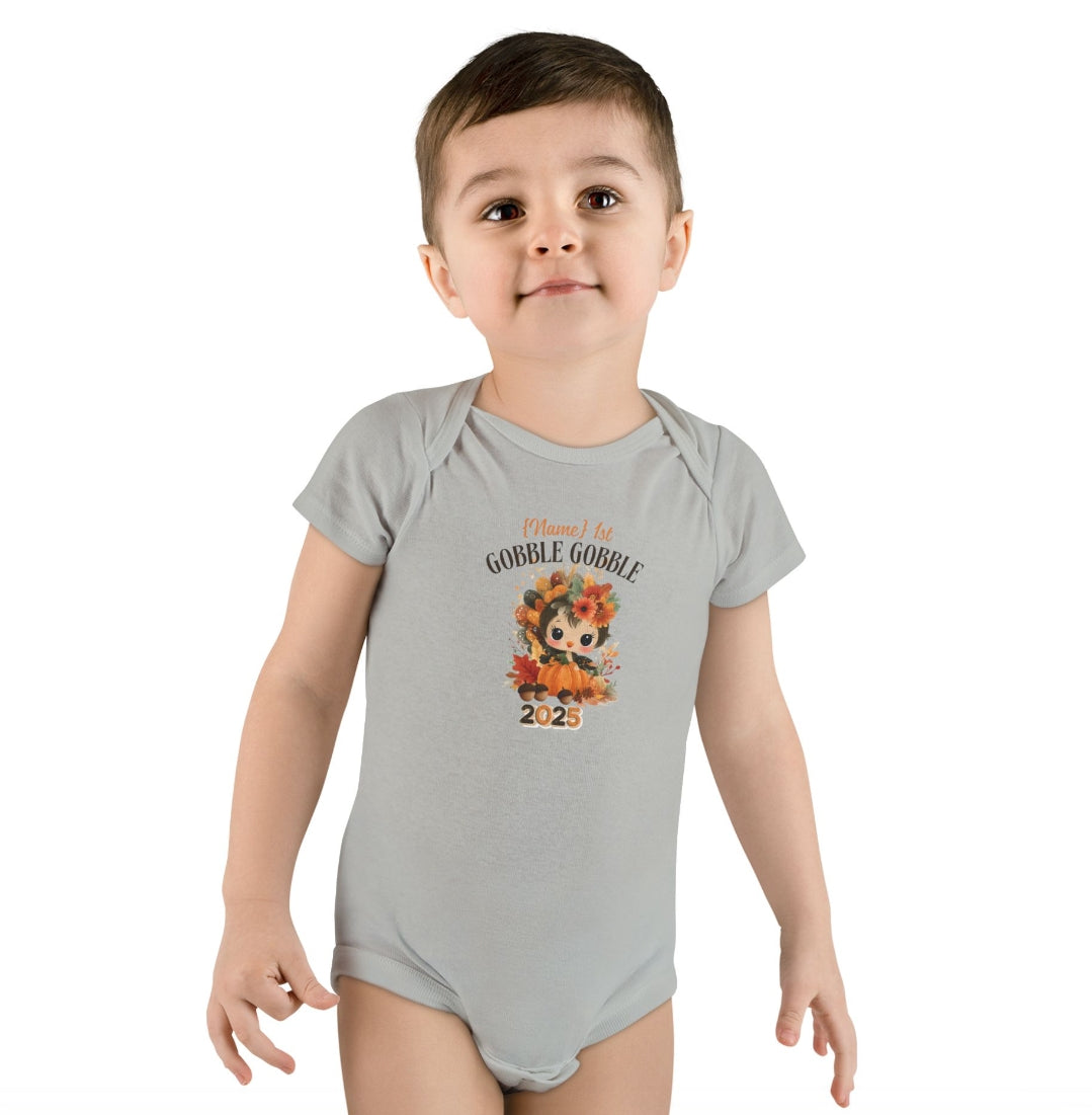 Personalized Baby Thanksgiving Onesie 1st Gobble Gobble Turkey Outfit Custom Name and Year Holiday Baby Bodysuit White Grey Blue Pink