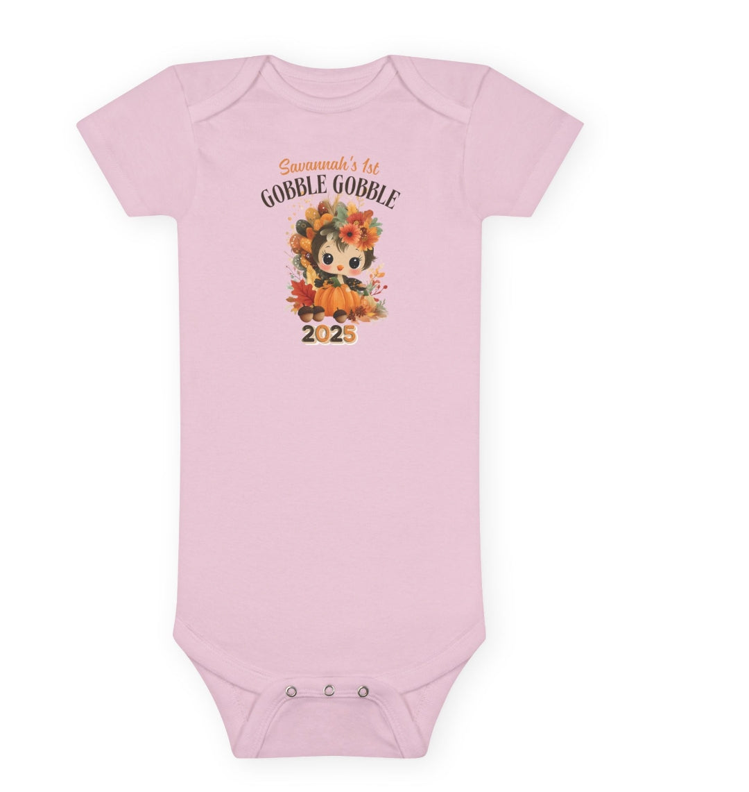 Personalized Baby Thanksgiving Onesie 1st Gobble Gobble Turkey Outfit Custom Name and Year Holiday Baby Bodysuit White Grey Blue Pink