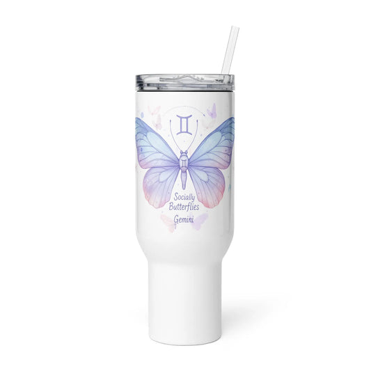 Zodiac Gemini - Socially Butterflies  - 25oz and 40oz Travel mug with a handle A Lid for Every Pot ~ Everyday Designz ~