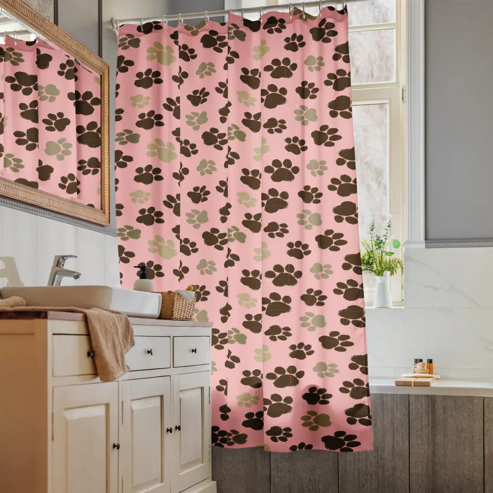 Durable Water Resistant Shower curtain Dog Paws pink background A Lid for Every Pot ~ Everyday Designz ~