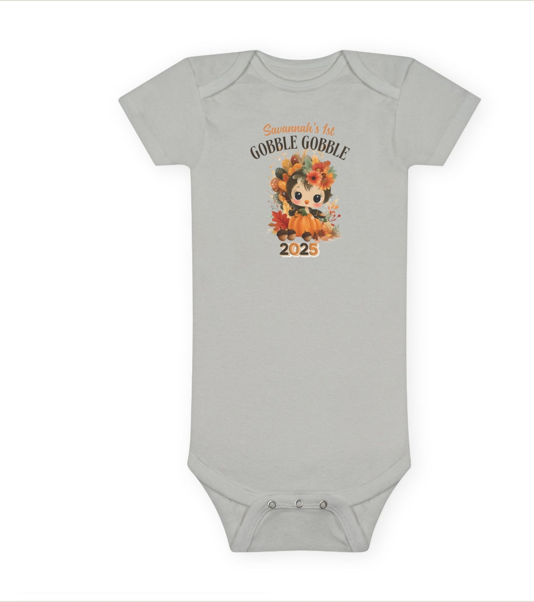 Personalized Baby Thanksgiving Onesie 1st Gobble Gobble Turkey Outfit Custom Name and Year Holiday Baby Bodysuit White Grey Blue Pink