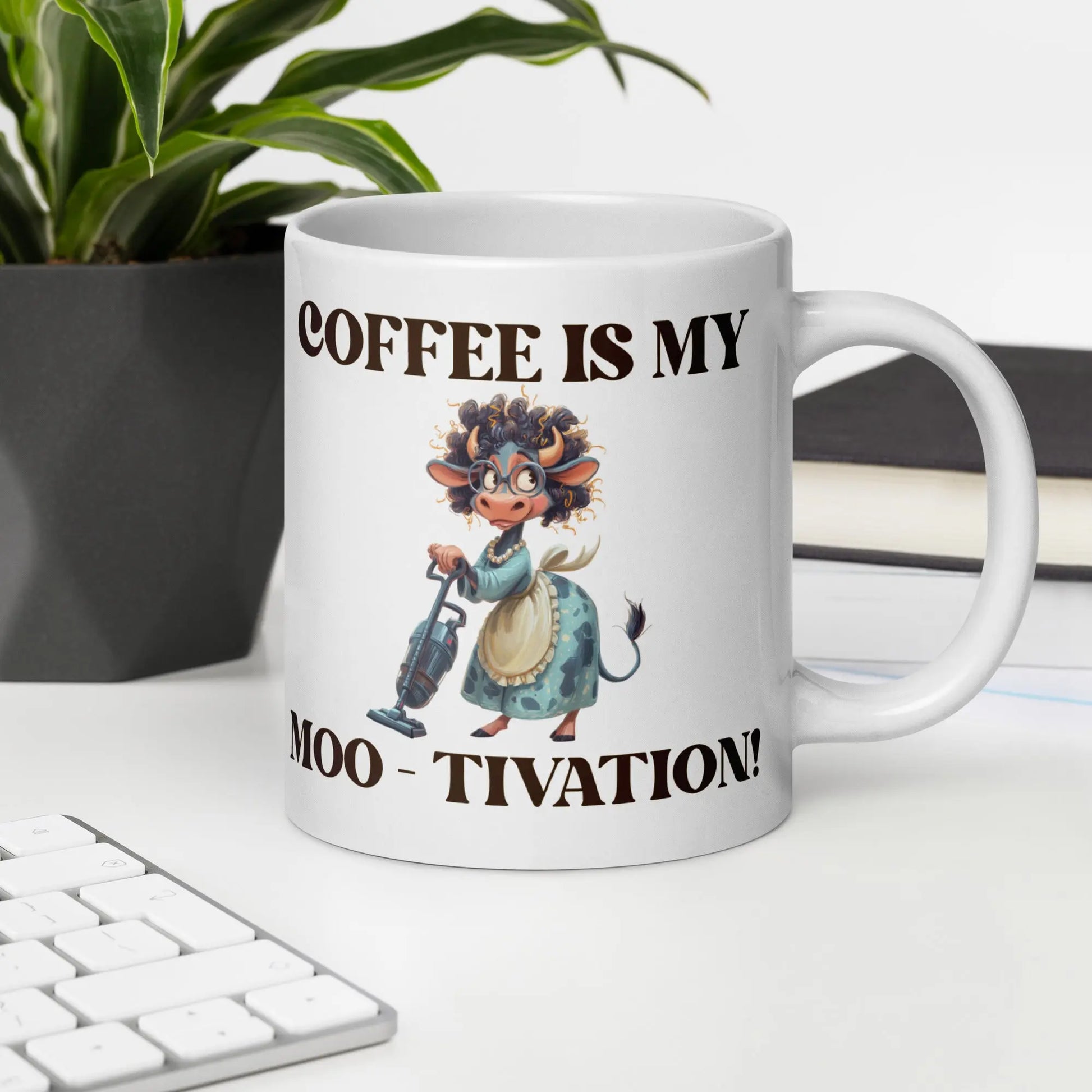 White glossy mug - Coffee is my Moo-tivation! A Lid for Every Pot ~ Everyday Designz ~
