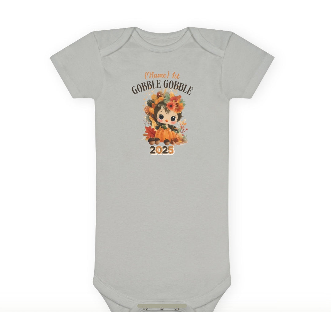 Personalized Baby Thanksgiving Onesie 1st Gobble Gobble Turkey Outfit Custom Name and Year Holiday Baby Bodysuit White Grey Blue Pink