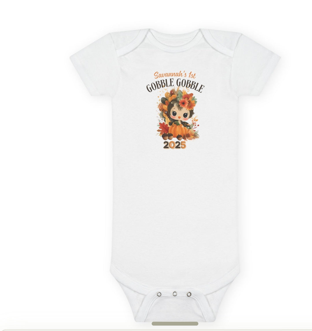 Personalized Baby Thanksgiving Onesie 1st Gobble Gobble Turkey Outfit Custom Name and Year Holiday Baby Bodysuit White Grey Blue Pink