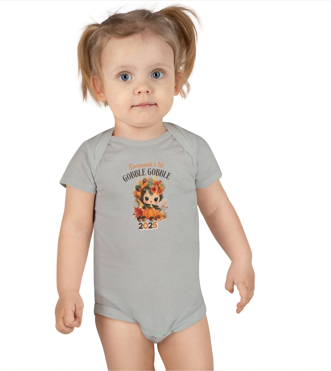 Personalized Baby Thanksgiving Onesie 1st Gobble Gobble Turkey Outfit Custom Name and Year Holiday Baby Bodysuit White Grey Blue Pink
